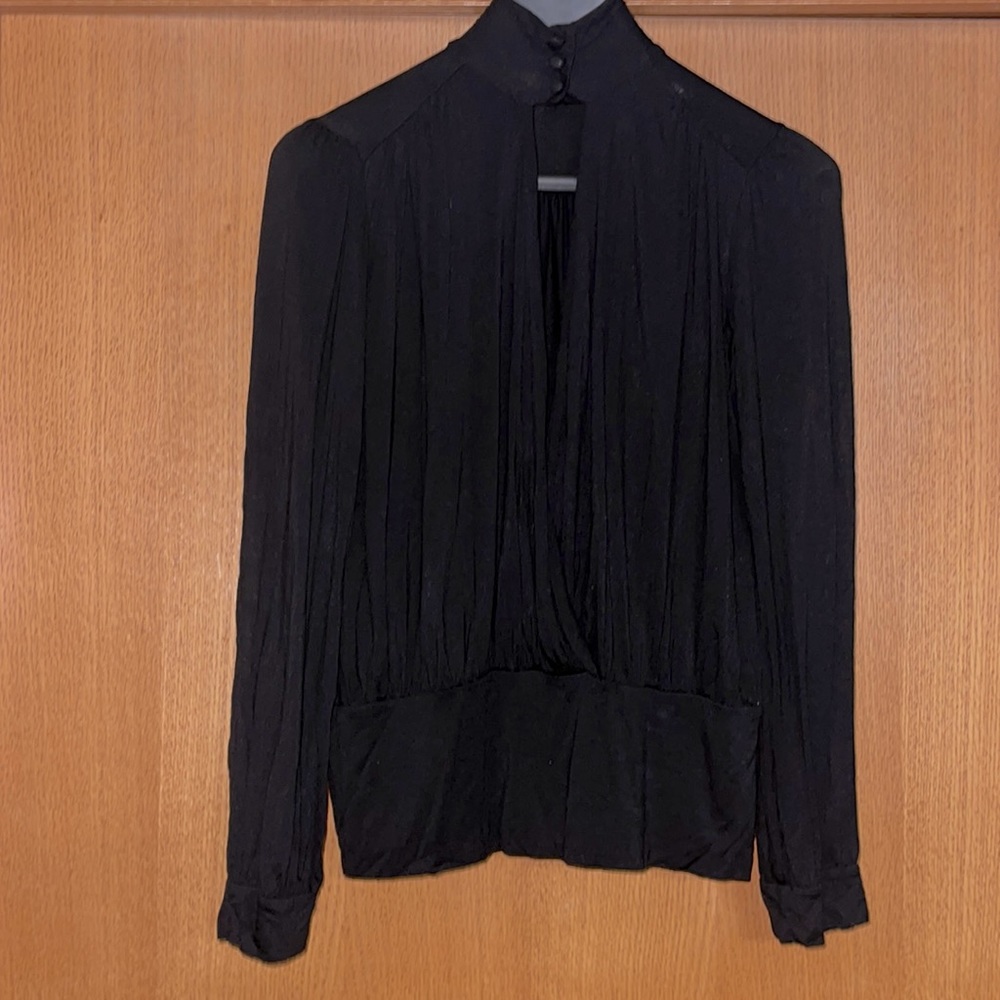Black peekaboo blouse with button choker neck